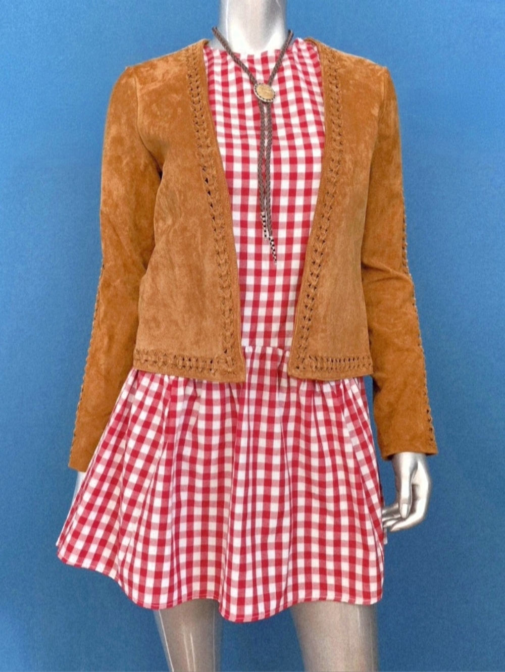 🆕️🤠🐎MANGO Genuine Leather Trena Suede Jacket Collarless w/ Suede Braiding NWT - Picture 15 of 16